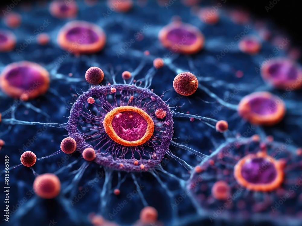 Obraz premium Cancer cells observed under a microscope. Generated with AI
