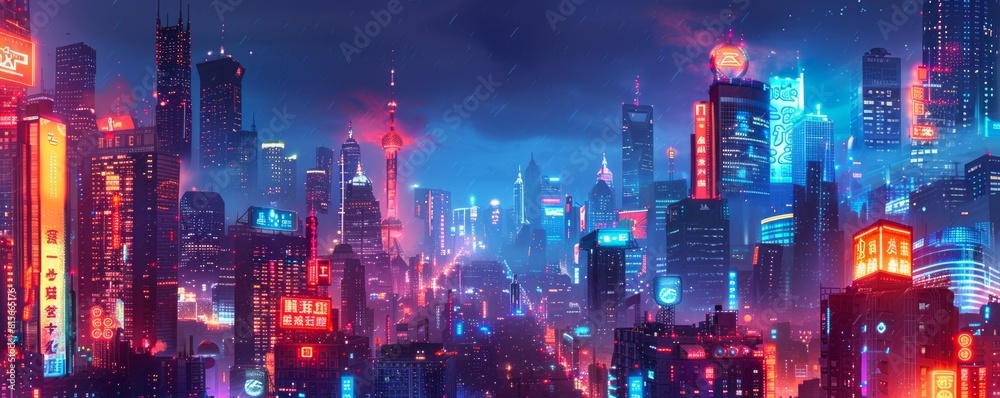 A cyberpunk metropolis teeming with life and energy, where bustling streets and towering skyscrapers are lit by the neon glow of advertising signs.   illustration.