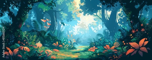 An alien jungle teeming with exotic life  where strange creatures lurk in the shadows of towering trees.   illustration.
