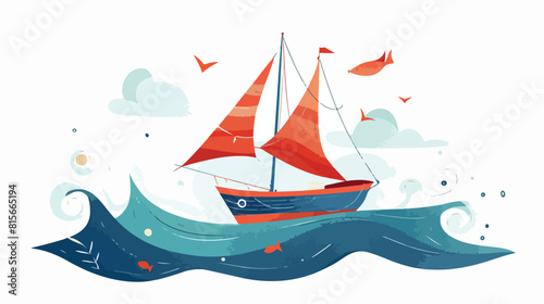 Ship with sails floating in sea or ocean. Fishing boat