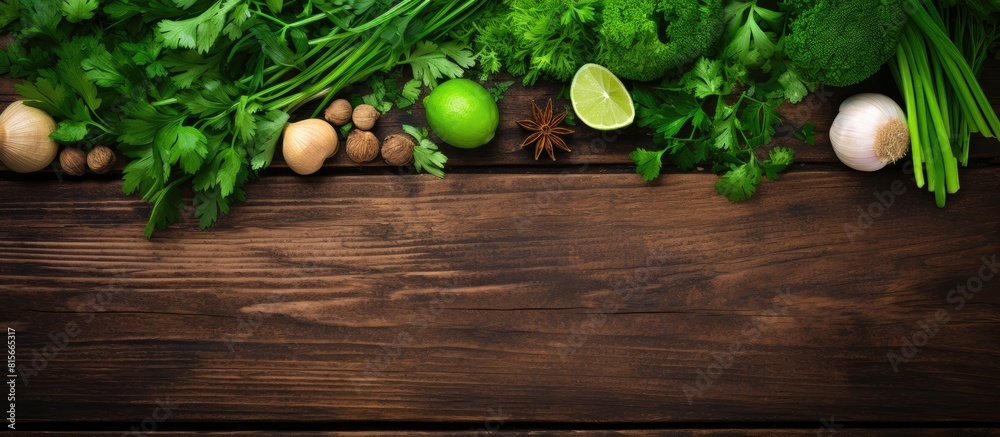Fresh green leaves of coriander or cilantro minced garlic and black pepper are beautifully arranged on a wooden table The view from above showcases the enticing combination of flavors with ample spac Fresh green leaves of coriander or cilantro minced garlic and black pepper are beautifully arranged on a wooden table The view from above showcases the enticing combination of flavors with ample spac