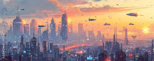 A retro-futuristic metropolis bustling with activity  with flying cars zipping through the sky amidst towering skyscrapers and bustling streets below.   illustration.