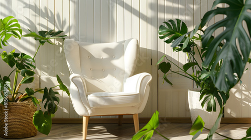 Vertical shot of white comfortable chair in room with wooden planks on wall Green monstera houseplants in pots close to soft furniture in lobby Nordic style interior with hardwood floo : Generative AI photo