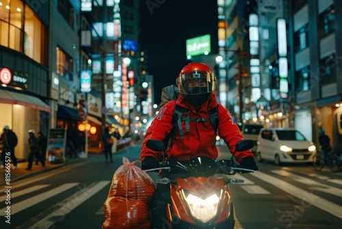 A dedicated food delivery rider, clothed in red, rides a scooter through the busy city streets at night, ensuring orders arrive swiftly.