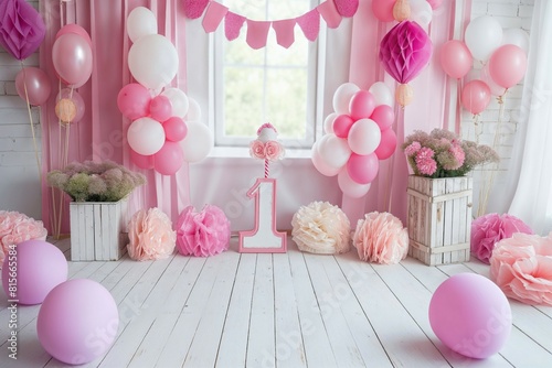 Colorful First Birthday Celebration with Cake and Balloons