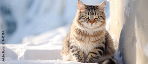 A gray tabby cat sits on snow covered steps on a sunny winter day outdoors The cat is basking in the sun Portrait of a striped cat sitting on snowy steps in sunlight Copy space top © Gular