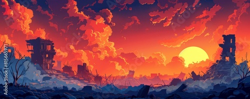 A post-apocalyptic wasteland where mutated creatures roam amidst the ruins of civilization, with toxic clouds and irradiated landscapes stretching to the horizon. illustration.