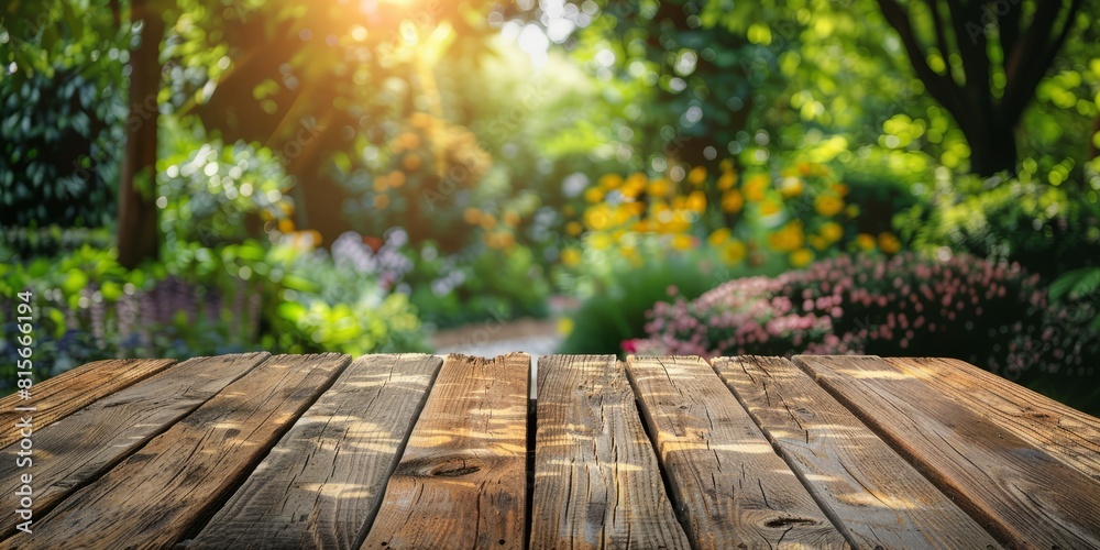 The empty wooden table top with blur background of English garden. illustration The empty wooden table top with blur background of English garden. illustration