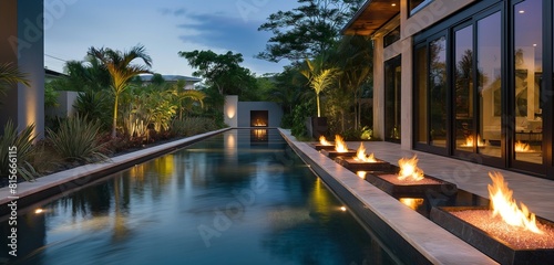 A sophisticated villa with a long, narrow lap pool flanked by fire pits and lush tropical planting, the water mirroring the architectural features and lighting of the home. 