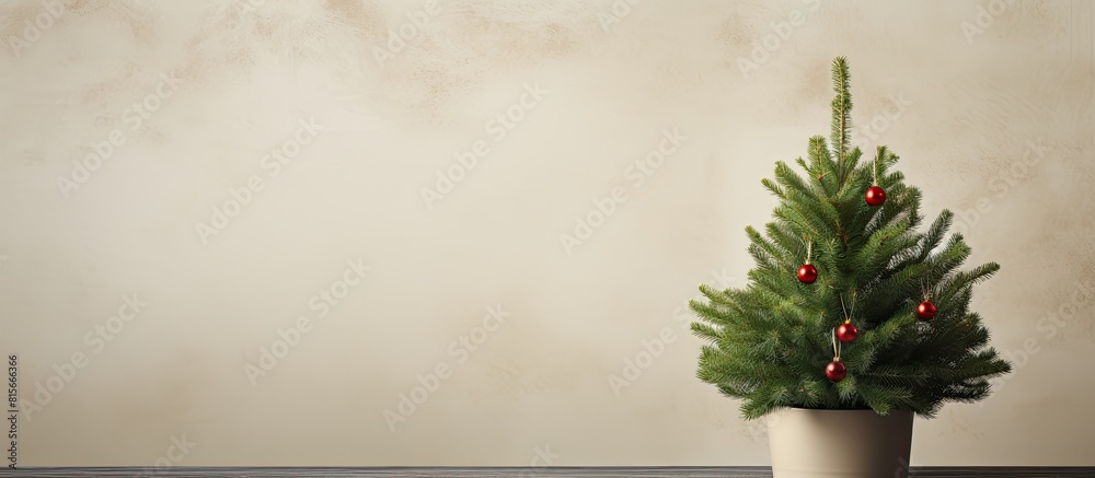 Beautiful Christmas tree in pot on table near beige wall. copy space available Beautiful Christmas tree in pot on table near beige wall. copy space available