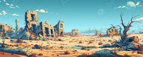 A post-human landscape overtaken by wilderness, with crumbling buildings and rusting remnants of civilization reclaimed by the relentless advance of nature. illustration.
