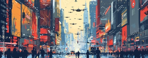 A dystopian cityscape where towering skyscrapers cast long shadows over crowded streets filled with drones and surveillance cameras. illustration.