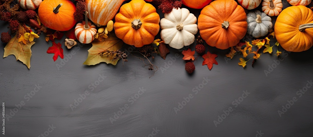Thanksgiving or harvest flatlay with pumpkins on grey textile background Autumn fall concept Holiday decor. copy space available Thanksgiving or harvest flatlay with pumpkins on grey textile background Autumn fall concept Holiday decor. copy space available