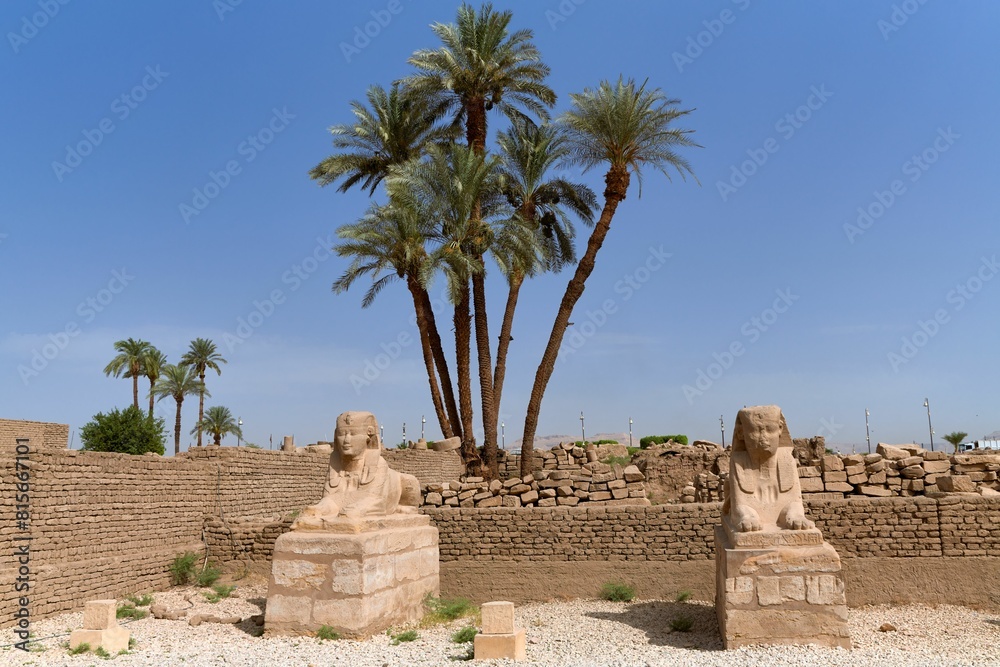 some stone statues and palm trees in a desert area next to a brick wall some stone statues and palm trees in a desert area next to a brick wall