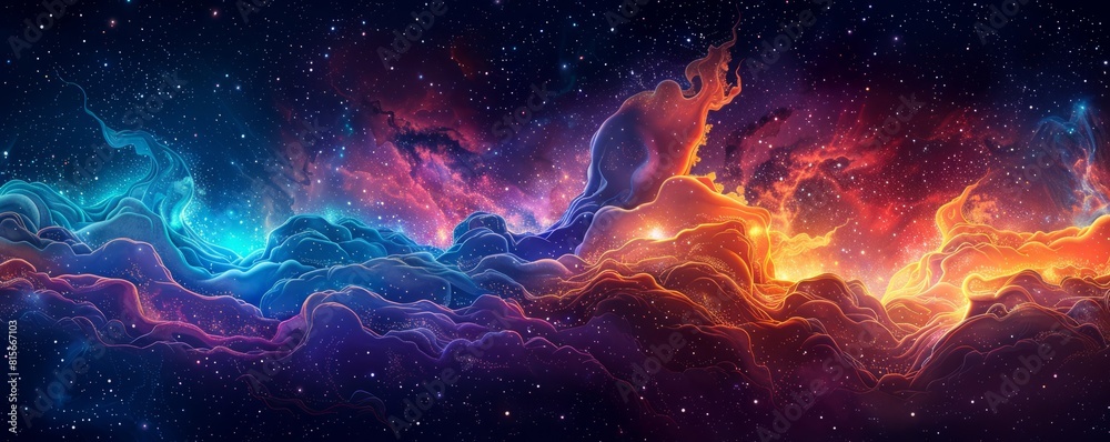A celestial dreamscape where galaxies swirl in a cosmic dance, their colors and shapes creating mesmerizing patterns in the endless expanse of space.   illustration.
