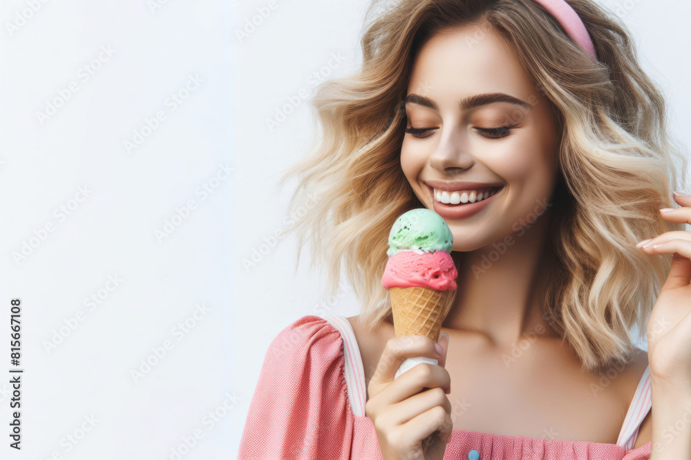side view happy female eating color ice cream Isolated on white background side view happy female eating color ice cream Isolated on white background