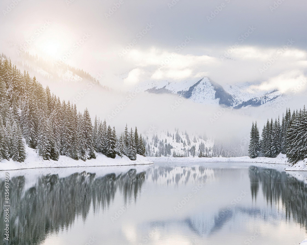 Snowy Foggy Mountain with Trees, Landscape