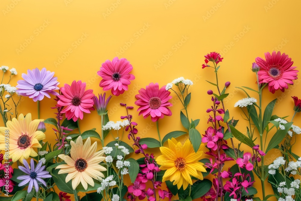 Beautiful colored flowers on a yellow background Beautiful colored flowers on a yellow background