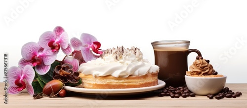 Bakery with coffee beans and flower Orchid and pie isolated on white background. copy space available photo