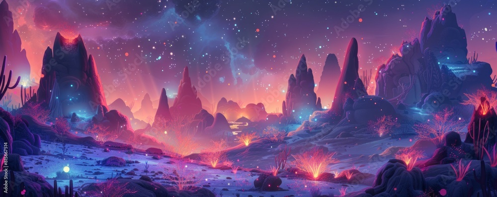 Obraz premium An alien landscape where strange creatures roam amidst towering rock formations and glowing flora. illustration.