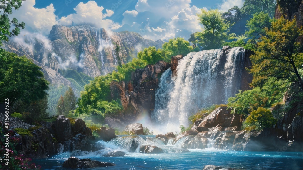 Naklejka premium Beautiful View of waterfalls in medieval world, digital art style
