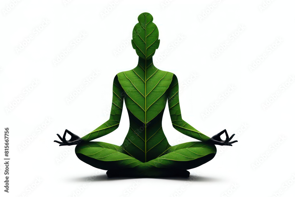 female silhouette made from leaf meditating sitting lotus pose Isolated on white background female silhouette made from leaf meditating sitting lotus pose Isolated on white background