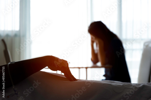Women strain and worried for her friend in bed health condition in hospital room and Medical treatment, healthcare, family and love concept.