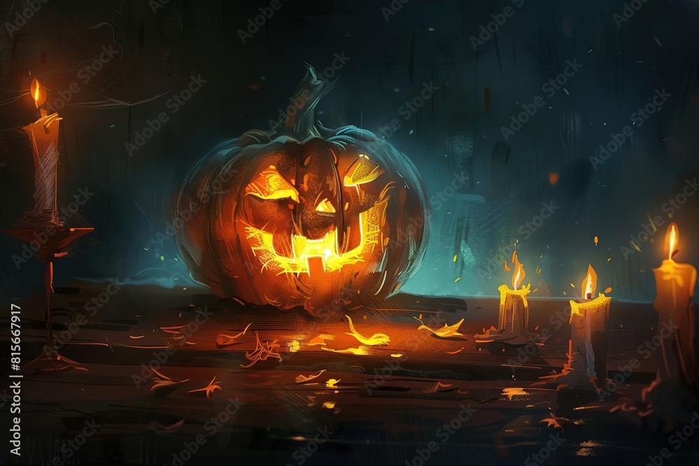 Creepy helloween pumpkin head lighted with candle 3d illustration. 3D Illustration Creepy helloween pumpkin head lighted with candle 3d illustration. 3D Illustration