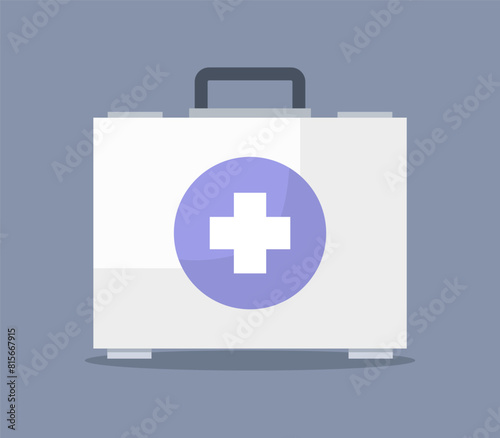 Digital illustration of a medical white first aid bag with a purple cross emblem on the center