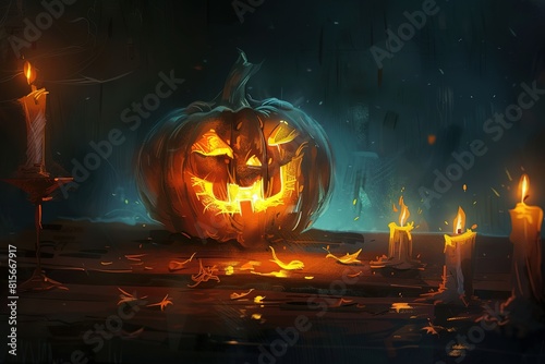 Creepy helloween pumpkin head lighted with candle 3d illustration. 3D Illustration