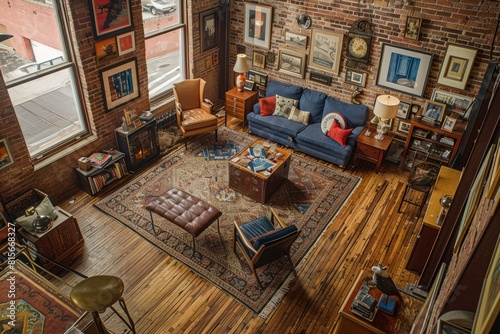 Artistically Furnished Living Room with Hardwood Floors and Brick Walls
