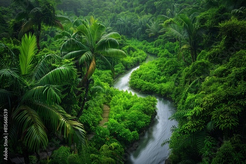 Verdant Rainforest Canopy and Meandering River from Above