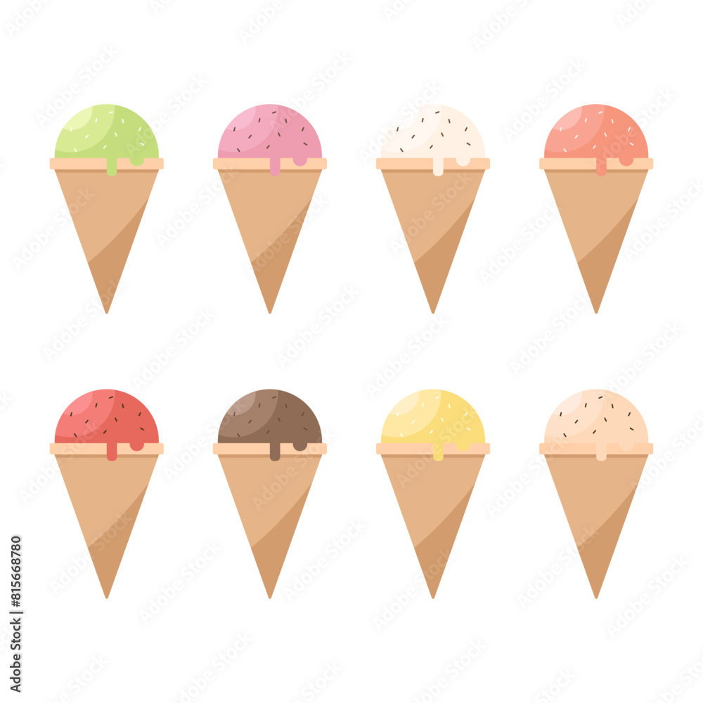 Set of several ice cream scoops in waffle cones isolated on a white background. Many flavors of ice cream such as vanilla, strawberry, chocolate, lemon, mango, watermelon, tea, and coffee