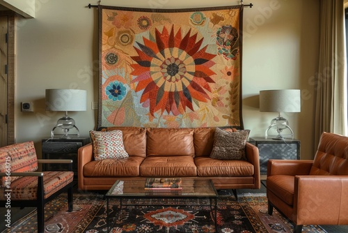 Living room interior with modern furniture and quilted wall art