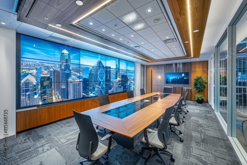 Interior of a conference room with sleek furniture and a video wall photo