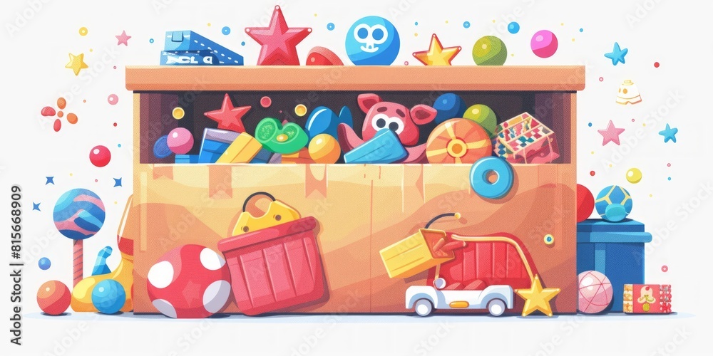 Fototapeta premium Kid toys collected in box. Cartoon set of plastic container with child playthings. Pile of games elements in package for home or kindergarten storage, donate and charity illustration