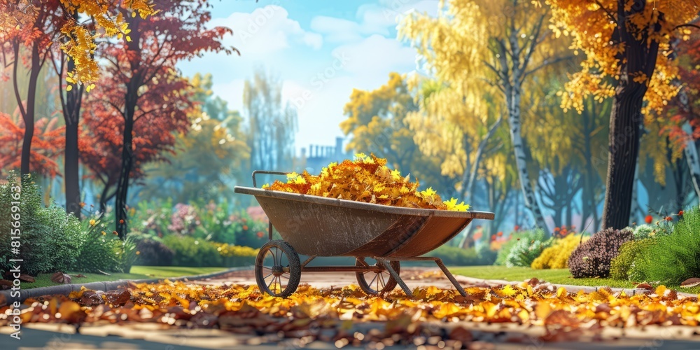 garden wheelbarrow with leaves or cleaning city park in spring at sunny day illustration garden wheelbarrow with leaves or cleaning city park in spring at sunny day illustration