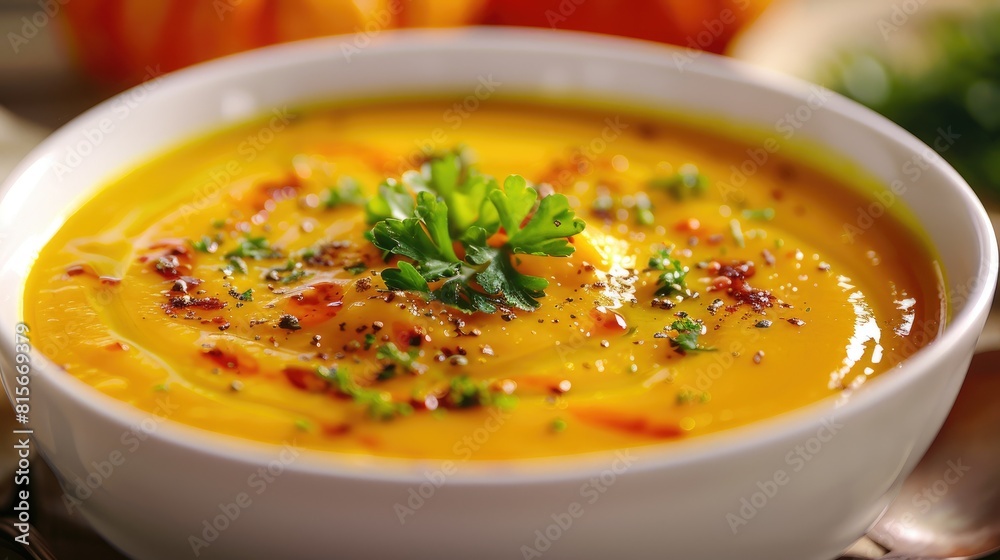 Pumpkin Soup Served in a White Bowl Suitable for Vegetarians and Vegans Pumpkin Soup Served in a White Bowl Suitable for Vegetarians and Vegans