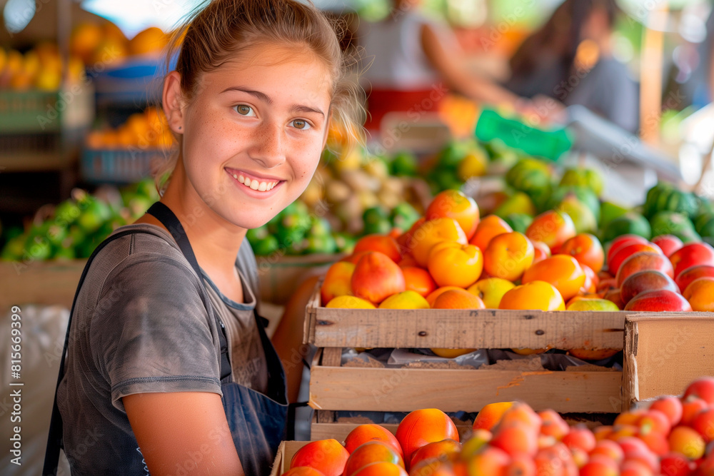 Smiling young female farmer at the fruit market, standing with a box of various fruits