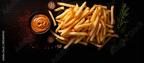 French fries with sauce on a black surface overhead view Copy space Top view from above flat lay photo