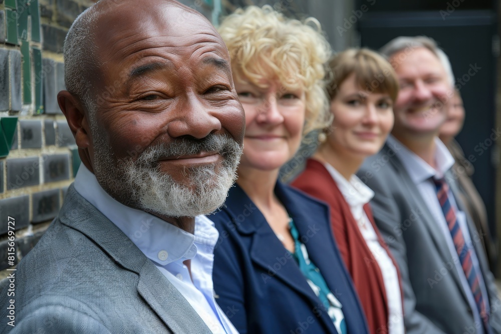 Portrait of smiling senior businessman with his team standing in the background Portrait of smiling senior businessman with his team standing in the background