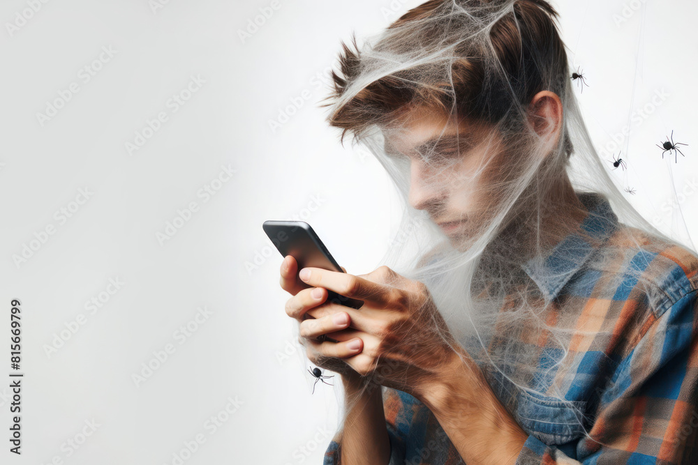 The guy is holding a smartphone and covered in cobwebs Isolated on white background The guy is holding a smartphone and covered in cobwebs Isolated on white background