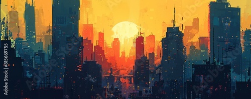 A dystopian cityscape where towering skyscrapers cast long shadows over the crowded streets below. illustration.