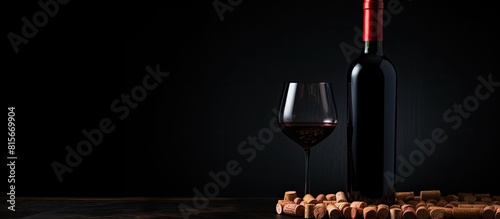 A bottle of red wine with wine cork on black Background close up. copy space available