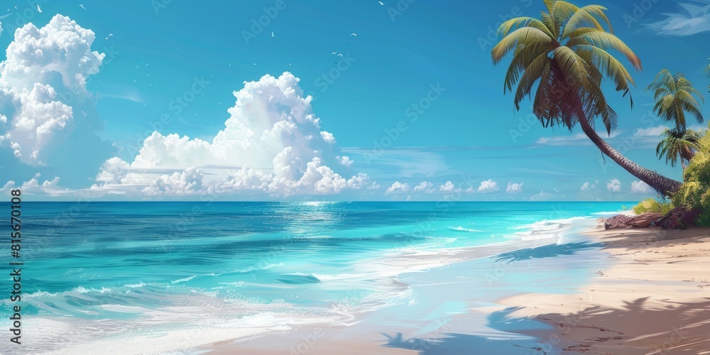 Beautiful Tropical Beach ocean scene with Palm Trees illustration