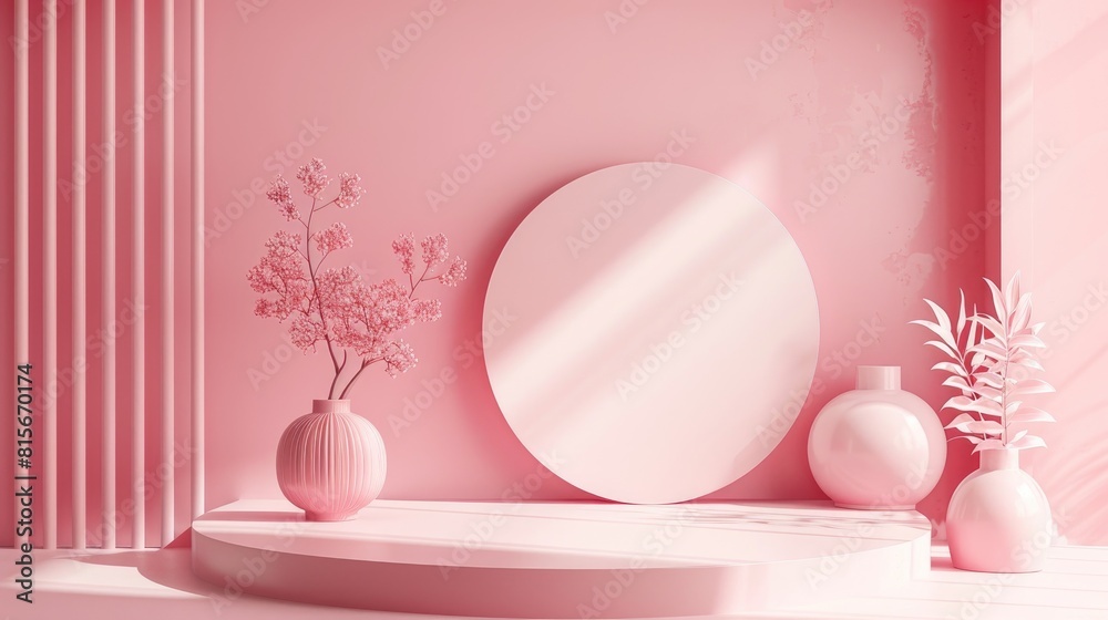 Product advertisement platform with a pink themed podium design