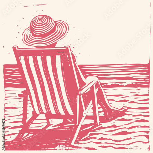 Person in hats are sitting in sun loungers on the beach. Vector illustration