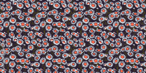 Blooming white chamomile flowers seamless pattern on a dark background. Vector hand drawing. Abstract artistic wild daisy floral printing repeated. Ornament for designs, fabric, textiles, fashion