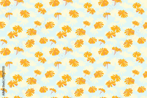 Summer simple seamless pattern with abstract shapes floral. Creative yellow ditsy flowers printing on a blue background. Vector hand drawing sketch. Template for designs, fabric, textiles
