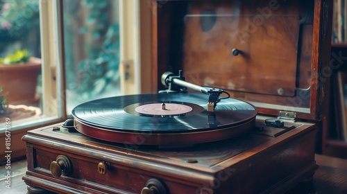 Retro record player on a wooden cabinet with a green plant in the background.
